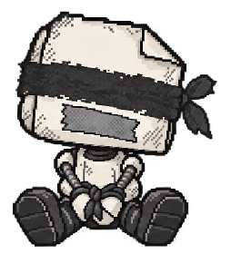 Hush, a small seated robot wearing a black blindfold.